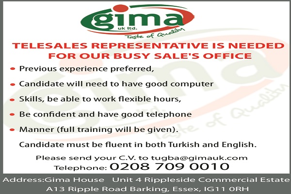 GİMA Telesales Representative Is Needed in London